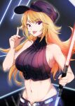  1girl baseball_cap beat_saber belt black_headwear black_shorts black_tank_top blonde_hair breasts energy_sword hat holding holding_weapon large_breasts lightsaber long_hair looking_at_viewer midriff multiple_sources nail_polish navel omotea shorts solo star-shaped_pupils star_(symbol) sword symbol-shaped_pupils tank_top tongue tongue_out upper_body weapon white_belt wo_jianqiang_fu_guo 
