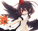  1girl black_hair black_skirt black_wings feathered_wings hair_between_eyes hand_fan hat hauchiwa holding holding_fan looking_at_viewer mei_mu open_mouth red_eyes red_headwear shameimaru_aya shirt short_hair short_sleeves simple_background skirt smile solo tokin_hat touhou upper_body white_background white_shirt wings 