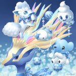  alolan_form alolan_vulpix artist_name bell blue_bow blue_eyes blue_ribbon bow commentary_request cubchoo gen_5_pokemon gen_6_pokemon gen_7_pokemon gen_8_pokemon highres legendary_pokemon looking_at_viewer merry_christmas mouth_hold no_humans nose_bubble pokemon pokemon_(creature) ribbon sasabunecafe smile snom vanillite watermark xerneas 
