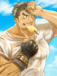  1boy arm_hair bara blush brown_hair covered_nipples dark-skinned_male dark_skin facial_hair fingerless_gloves food forked_eyebrows gloves goatee ice_cream kengo_(tokyo_houkago_summoners) kyo_(kanadome02) large_pectorals long_sideburns male_focus mouth_hold muscular muscular_male pectorals see-through shirt shirt_grab short_hair sideburns solo stubble sweat thick_eyebrows tokyo_houkago_summoners upper_body wet wet_clothes wet_shirt white_shirt 