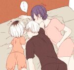  1boy 2girls bangs black_hair black_shirt blue_hair blush breasts child closed_eyes commentary_request family father_and_daughter from_above head_kiss heart highres husband_and_wife kaneki_ichika kaneki_ken kirishima_touka kiss lying medium_breasts mother_and_daughter multicolored_hair multiple_girls on_bed on_side on_stomach orange_pajamas pajamas pillow profile shirt short_hair short_sleeves speech_bubble tokyo_ghoul tokyo_ghoul:re toukaairab two-tone_hair white_hair zzz 