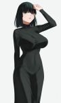  1girl arm_behind_back arm_up bangs black_dress black_hair breasts commentary_request dress fubuki_(one-punch_man) green_eyes highres impossible_clothes large_breasts long_sleeves looking_at_viewer one-punch_man parted_lips senju_(snz0) short_hair simple_background skin_tight solo taut_clothes taut_dress 