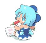  1girl blue_bow blue_dress book bow cirno commentary_request dress dripping food from_behind hair_bow light_blue_eyes light_blue_hair looking_at_viewer melting moyazou_(kitaguni_moyashi_seizoujo) pencil popsicle short_hair simple_background solo tan tanlines touhou watermelon_bar white_background wings 