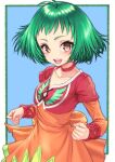  1girl ahoge back_bow bow breasts brown_eyes choker cropped_jacket dress farah_oersted green_hair looking_at_viewer nyantiu open_mouth orange_dress red_choker short_hair smile solo tales_of_(series) tales_of_eternia 