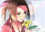  1girl aerith_gainsborough bow braid brown_hair chil0107 cropped_jacket final_fantasy final_fantasy_vii flower green_eyes hair_ribbon highres jacket long_hair open_mouth pink_bow ponytail ribbon smile solo 