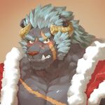  1boy absurdres bara blue_hair blush broken_horn clenched_teeth curled_horns demon_king_fish fangs fur-trimmed_jacket fur_trim furry furry_male grey_fur highres horns jacket krampus_(tokyo_houkago_summoners) long_sideburns looking_at_viewer male_cleavage male_focus mature_male medium_hair muscular muscular_male official_alternate_costume open_clothes open_jacket pectorals portrait red_jacket santa_costume scar scar_across_eye scar_on_cheek scar_on_chest scar_on_face scar_on_forehead sideburns solo sweatdrop teeth thick_eyebrows tokyo_houkago_summoners upper_body 