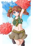  1girl 370ml arm_up artist_name black_footwear blue_eyes blue_sky border brown_hair brown_skirt collared_shirt commentary_request commission crop_top day green_belt green_headband green_neckwear green_shirt grin headband holding holding_pom_poms indie_virtual_youtuber irodori_mayoi jumping legs_up looking_at_viewer medium_hair midriff navel neckerchief outdoors outside_border pom_pom_(cheerleading) shirt shoes sidelocks signature skeb_commission skirt sky sleeveless sleeveless_shirt smile solo translation_request twintails white_border 