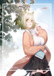  1girl absurdres alternate_costume animal_ear_fluff animal_ears arknights black_legwear black_skirt blue_sky book cardigan cat_ears chinese_commentary cloud cloudy_sky commentary_request cowboy_shot dated green_eyes green_hair highres holding holding_book kal&#039;tsit_(arknights) leaf lips looking_at_viewer open_cardigan open_clothes orange_cardigan outdoors pleated_skirt shirt short_hair sidelocks skirt sky solo thighhighs thighs tree viewfinder white_shirt wyc_zz 