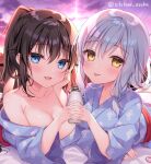  2girls :d :p bangs bare_shoulders black_hair blue_eyes blue_kimono bottle breasts brown_eyes cleavage cloud commentary_request eyebrows_visible_through_hair floral_print grey_hair hair_between_eyes hands_together holding holding_bottle interlocked_fingers japanese_clothes kimono long_sleeves looking_at_viewer medium_breasts milk milk_bottle multiple_girls obi off_shoulder open_mouth original outdoors ponytail print_kimono sash shikitani_asuka smile sunset tongue tongue_out twitter_username wide_sleeves yukata 