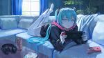  1girl black_hoodie blue_hair blue_nails can canned_coffee commentary_request controller couch curtains eyebrows_visible_through_hair feet_up food food_in_mouth full_body game_controller hatsune_miku headphones headphones_removed highres holding holding_controller holding_game_controller hood hoodie indoors light_blush long_hair long_sleeves looking_at_viewer lying nintendo_switch no_shoes on_couch on_stomach pink_hood plant pocky potted_plant solo thighhighs twintails vertigris vocaloid white_legwear window 