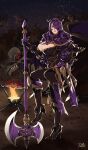  1girl absurdres armor axe breast_cutout breasts camilla_(fire_emblem) dragon fire fire_emblem fire_emblem_fates full_body hair_ornament hair_over_one_eye hand_on_hip high_heels highres holding holding_axe holding_weapon huge_breasts long_hair looking_at_viewer night night_sky parted_lips planted planted_axe purple_hair r3dfive sky solo weapon 