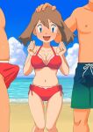 1girl 2boys :d absurdres bangs bikini blue_eyes blush breasts brown_hair bulge cleavage clenched_hands cloud collarbone commentary_request day erection erection_under_clothes eyelashes hand_on_another&#039;s_head hands_up highres knees looking_at_viewer male_swimwear may_(pokemon) medium_hair miraa_(chikurin) multiple_boys navel open_mouth outdoors pokemon pokemon_(anime) pokemon_rse_(anime) raised_eyebrows red_bikini sand shirtless shore sky smile standing sweatdrop swim_briefs swim_trunks swimsuit tongue water 