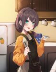  ahoge alternate_hairstyle apron bangs black_ribbon blue_eyes blush brown_apron cup cupboard eyebrows_visible_through_hair hair_between_eyes highres holding holding_ladle holding_plate hololive kitchen ladle long_sleeves looking_at_viewer looking_to_the_side low_tied_hair medium_hair milk_carton mug natsuiro_matsuri nyxview open_mouth orange_sweater plate refrigerator ribbon smile sweater virtual_youtuber 