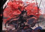  1girl animal_ears apple_da-ze arknights autumn_leaves black_kimono blurry blurry_background brown_hair cape closed_mouth dog_ears elbow_gloves fingerless_gloves from_side full_body gloves highres holding holding_weapon japanese_clothes kimono leaf long_hair long_sleeves looking_to_the_side pants polearm red_eyes saga_(arknights) serious sheath solo standing tree tree_shade unsheathing weapon white_sky wind wind_lift 