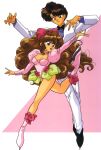  1980s_(style) 1boy 1girl arms_up bangs black_eyes blue_eyes bow bowtie breasts choker cleavage curly_hair eyebrows_visible_through_hair hair_bow highres ice_skates juliet_sleeves leg_up leotard long_hair long_sleeves official_art open_mouth puffy_sleeves ranma_1/2 retro_artstyle sanzenin_mikado shiratori_azusa skates tuxedo 