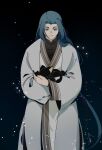  2boys absurdres animal black_background black_cat blue_eyes blue_hair cat fermium.ice grey_robe highres holding holding_animal holding_cat long_hair long_sleeves luoxiaohei multiple_boys smile the_legend_of_luo_xiaohei upper_body very_long_hair wide_sleeves wuxian_(the_legend_of_luoxiaohei) 
