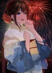  1girl aerial_fireworks artist_name blue_eyes brown_hair chagen_kokimu eyebrows_visible_through_hair fireworks hair_between_eyes japanese_clothes kantai_collection kimono long_hair long_sleeves obi open_mouth sash shigure_(kancolle) signature smile solo summer_festival wide_sleeves yukata 