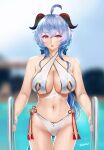  1girl bikini blue_hair breasts cleavage easonx ganyu_(genshin_impact) genshin_impact halterneck highres horns large_breasts lips navel pool pool_ladder poolside purple_eyes solo swimsuit thick_thighs thigh_gap thighs white_bikini 