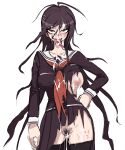  1girl akisora bangs black_panties black_serafuku blush braid breasts brown_hair bukkake collarbone commentary_request crazy_eyes crazy_smile cum cum_in_pussy cum_on_body cum_on_breasts cum_on_clothes danganronpa:_trigger_happy_havoc danganronpa_(series) danganronpa_another_episode:_ultra_despair_girls facial female_pubic_hair genocider_shou glasses hair_ornament hairclip large_breasts long_hair long_skirt long_tongue mole mole_under_mouth neckerchief nipples panties parted_bangs pleated_skirt pubic_hair pussy red_eyes round_eyewear sailor_collar scar school_uniform scissors serafuku shirt simple_background skirt solo standing string_panties thighhighs thighs tongue tongue_out torn_clothes torn_shirt torn_skirt twin_braids underwear white_background 