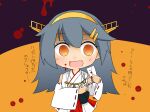  1girl black_hair blood blood_drop blood_on_face chibi empty_eyes haruna_(kancolle) japanese_clothes kantai_collection long_hair love_letter open_mouth orange_eyes pretty_apple scissors upper_body yandere 