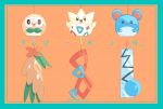  border commentary_request feathers gen_2_pokemon gen_7_pokemon green_border hanging highres lemonade_kokoi marill pokemon pokemon_(creature) rowlet string themed_object togepi twitter_username 