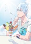  1boy blue_eyes blue_hair eyebrows_visible_through_hair food fruit holding holding_spoon ice_cream kuroko_no_basuke kuroko_tetsuya looking_away male_focus parfait parted_lips shirt short_hair short_sleeves solo spoon strawberry upper_body white_shirt wrist_cuffs zawar379 