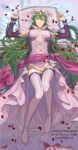  1girl boots breasts detached_sleeves fire_emblem fire_emblem:_mystery_of_the_emblem green_eyes green_hair hair_between_eyes hair_ornament highres large_breasts long_hair looking_at_viewer lying maze_draws nagi_(fire_emblem) on_back on_bed petals pillow pointy_ears see-through smile solo thigh_boots thighhighs very_long_hair 