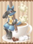  artist_name closed_mouth coffee_beans commentary_request cup gen_4_pokemon gen_8_pokemon happy lucario milcery no_humans pokemon pokemon_(creature) red_eyes sasabunecafe saucer sitting smile sugar_cube teacup white_eyes 