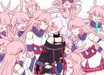  6+girls :d animal_ears bangs bare_shoulders black_gloves black_jacket blue_eyes blue_shorts blush braid braided_ponytail closed_eyes closed_mouth condom condom_wrapper fox_ears gloves hair_between_eyes heart holding holding_hair holding_phone honkai_(series) honkai_impact_3rd in_mouth jacket japanese_clothes kallen_kaslana kallen_kaslana_(sin_hunter) komitaki long_hair long_sleeves miko multiple_girls multiple_persona open_mouth phone pink_hair pink_skirt purple_eyes saliva shorts simple_background skirt smile teeth tongue tongue_out white_background white_hair yae_sakura yae_sakura_(gyakushinn_miko) 