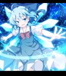  1girl :d ahoge bangs blue_bow blue_dress blue_eyes blue_hair bow cirno commentary do_(4-rt) dress eyebrows_visible_through_hair hair_bow highres ice ice_wings large_bow letterboxed open_mouth outstretched_arms pinafore_dress puffy_short_sleeves puffy_sleeves shirt short_hair short_sleeves smile solo spread_arms touhou v-shaped_eyebrows white_shirt wings 