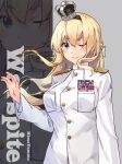  1girl alternate_costume blonde_hair blue_eyes braid breast_pocket breasts character_name crown french_braid highres himeyamato jacket kantai_collection large_breasts long_hair long_sleeves military military_uniform mini_crown one_eye_closed pants pocket solo two_side_up uniform warspite_(kancolle) white_jacket white_pants white_uniform 