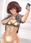  1girl akiyama_yukari bangs blush bottomless bra breasts brown_eyes brown_hair camouflage camouflage_bra cellphone cleavage closed_mouth clothes_lift commentary dutch_angle eyebrows_visible_through_hair frown girls_und_panzer grey_bra grey_shirt groin holding holding_phone lifted_by_self looking_at_viewer medium_breasts messy_hair navel out-of-frame_censoring phone shirt shirt_lift short_hair short_sleeves smartphone solo standing sweat tanaka_rikimaru underwear 