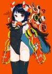  1girl absurdres bad_anatomy bangs black_hair black_legwear black_leotard blue_hair colored_inner_hair cowboy_shot highleg highleg_leotard highres leotard looking_at_viewer machine multicolored_hair muzinneki original red_background red_eyes simple_background solo thighhighs 