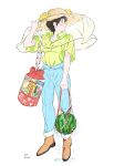  1girl black_hair blue_pants blush dripping flower food fruit green_shirt hand_up hat hat_flower highres kawatsu_yuuki original pants profile shirt shirt_tucked_in short_hair short_sleeves signature simple_background solo straw_hat water watermelon white_background yellow_flower 