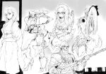  1boy 3girls amputee armless armor axe battlement black_hairband blush breasts closed_mouth creature dress eyebrows forehead gauntlets glasses gloves greyscale hairband helmet highres holding long_hair looking_at_viewer mask mecha megrim_haruyo monochrome multiple_girls original pointy_ears polearm sitting sketch skull_mask small_breasts spear tongue weapon 