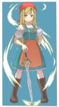  1girl apron bare_shoulders blonde_hair blue_eyes breasts closed_mouth dragon_quest dragon_quest_xi dress emma_(dq11) head_scarf long_hair looking_at_viewer nyantiu puffy_short_sleeves puffy_sleeves short_sleeves smile solo straight_hair sword weapon 