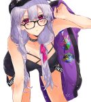  1girl absurdres baseball_cap breasts cleavage earrings fate/grand_order fate_(series) glasses hat heroic_spirit_tour_outfit highres jacket_over_shoulder jewelry kama_(fate) konsento leaning_forward long_hair pink_eyes shorts silver_hair stud_earrings 