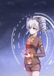  1girl absurdres bangs belt belt_buckle bow bowtie bronya_zaychik bronya_zaychik_(wolf&#039;s_dawn) brown_jacket brown_shorts buckle drill_hair earrings gloves grey_eyes grey_hair hair_between_eyes hair_ribbon highres holographic_interface honkai_(series) honkai_impact_3rd jacket jewelry long_sleeves night night_sky orange_neckwear ribbon shorts sky solo star_(sky) twin_drills white_gloves xiao_ma_cao 