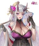 1girl breasts china_dress chinese_clothes cleavage cleavage_cutout clothing_cutout demon_girl demon_horns dress fingerless_gloves flower gloves hair_flower hair_ornament halter_dress halterneck hand_fan heart heart-shaped_pupils highres horns large_breasts lips looking_at_viewer mole mole_under_eye original parted_lips pipe purple_eyes seductive_smile smile symbol-shaped_pupils tsuki_no_i-min upper_body white_hair 