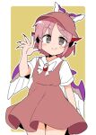  1girl animal_ears bangs bird_ears bird_wings border brown_dress brown_headwear closed_mouth cowboy_shot dress eyebrows_visible_through_hair fingernails grey_eyes ini_(inunabe00) long_fingernails looking_at_viewer mystia_lorelei pinafore_dress pink_hair shirt short_hair short_sleeves simple_background smile solo standing touhou white_border white_shirt white_wings winged_hat wings yellow_background 