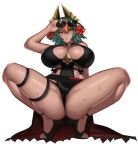  1girl alternate_costume bare_legs black_swimsuit breasts cleavage commission dark-skinned_female dark_skin eyewear_on_head fire_emblem fire_emblem_heroes from_below gold_horns green_hair highres horns huge_breasts kevbot laegjarn_(fire_emblem) looking_at_viewer looking_down multicolored_hair official_alternate_costume one-piece_swimsuit partially_visible_vulva pussy red_eyes solo spread_legs squatting sunglasses sweat swimsuit thick_thighs thighs white_background wide_hips 
