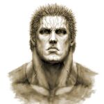  1boy closed_mouth hokuto_no_ken lips looking_at_viewer muscular muscular_male portrait raoh_(hokuto_no_ken) sepia short_hair simple_background solo tsunetarou_(yasu) veins white_background 