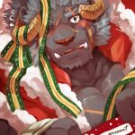  1boy absurdres bara blue_hair blush broken_horn curled_horns demon_king_fish eyebrow_cut fangs flying_sweatdrops from_above fur-trimmed_jacket fur_trim furry furry_male grey_fur highres horns jacket krampus_(tokyo_houkago_summoners) long_sideburns looking_at_viewer male_cleavage male_focus mature_male medium_hair muscular muscular_male official_alternate_costume one_eye_closed open_clothes open_jacket pectorals portrait red_jacket santa_costume scar scar_across_eye scar_on_cheek scar_on_chest scar_on_face scar_on_forehead scar_on_nose sideburns solo thick_eyebrows tokyo_houkago_summoners upper_body 