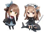  2girls animal_ear_fluff animal_ears bangs black_bow black_dress black_jacket black_legwear blue_bow blue_dress blush bow brown_hair cat_ears cat_girl cat_tail chibi dress eyebrows_visible_through_hair fork gothic_lolita green_eyes hair_bow hairband heripiro jacket lolita_fashion lolita_hairband long_hair long_sleeves multiple_girls no_shoes off_shoulder open_clothes open_jacket original pantyhose puffy_long_sleeves puffy_sleeves red_eyes simple_background sleeves_past_fingers sleeves_past_wrists socks tail twintails two_side_up very_long_hair white_background x_x 