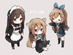  3girls :d animal_ears apron black_dress black_hair black_jacket black_legwear black_skirt blazer blue_bow blue_eyes blue_ribbon blue_skirt blush_stickers bow brown_hair brown_sweater cat_ears closed_eyes dress grey_background hair_ribbon heripiro highres jacket long_hair long_sleeves maid maid_apron maid_headdress multiple_girls no_shoes open_clothes open_jacket open_mouth original pantyhose pleated_skirt puffy_long_sleeves puffy_sleeves red_eyes ribbon school_uniform shirt sitting skirt sleeves_past_wrists smile standing sweater thighhighs translated very_long_hair white_apron white_legwear white_shirt 