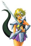  1990s_(style) 1girl armor bangs blonde_hair blue_eyes cowboy_shot feet_out_of_frame fraud headpiece holding holding_sword holding_weapon looking_at_viewer luna_de_rimsbel majuu_senshi_luna_varga miniskirt official_art pauldrons retro_artstyle short_hair shoulder_armor simple_background skirt smile solo sword tail two-handed vambraces weapon white_background 