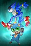  1boy blue_hair card furry furry_male gloves goggles green_eyes guilhermerm highres long_hair looking_at_viewer male_focus persona red_footwear shoes smile sneakers solo sonic_(series) sonic_the_hedgehog super_smash_bros. white_gloves 