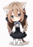  1girl animal_ear_fluff animal_ears bangs black_bow black_skirt blue_bow blush bow braid breasts brown_hair cat_ears cat_girl cat_tail chibi eyebrows_visible_through_hair frilled_skirt frills full_body grey_background grey_eyes hair_between_eyes hair_bow heripiro high-waist_skirt highres long_hair long_sleeves no_shoes original pantyhose parted_lips puffy_long_sleeves puffy_sleeves shadow shirt skirt sleeves_past_wrists small_breasts solo standing tail very_long_hair white_legwear white_shirt 