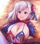  1boy 1girl american_flag_bikini asahi_(fullmetal_madness) asymmetrical_gloves bangs between_breasts bikini blue_eyes blue_jacket blush boy_on_top breast_squeeze breasts brown_gloves bun_cover choker cleavage coin collarbone cropped_jacket fate/grand_order fate_(series) fingerless_gloves flag_print gloves hair_bun hair_ribbon jacket large_breasts long_hair long_sleeves looking_at_viewer lying miyamoto_musashi_(fate) miyamoto_musashi_(swimsuit_berserker)_(fate) money money_tuck on_back on_bed open_mouth pillow pink_hair ribbon shrug_(clothing) side_bun smile swept_bangs swimsuit 