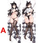  1girl animal_ears ass ass_visible_through_thighs atago_(azur_lane) atago_(stunning_speedster)_(azur_lane) azur_lane back bed_sheet bikini black_bikini black_hair black_legwear blush breasts cameltoe checkered checkered_flag closed_mouth commentary dakimakura_(medium) fat_mons flag full_body hair_ribbon hands_on_own_ass knees_together_feet_apart large_breasts long_hair long_sleeves looking_at_viewer lying navel no_shoes official_alternate_costume on_back on_stomach qi_yuan_zhi_yu race_queen ribbon sample shirt shrug_(clothing) sideboob smile spread_ass stomach string_bikini swimsuit thigh_gap thighhighs thighs white_ribbon white_shirt wing_collar wrist_cuffs yellow_eyes 